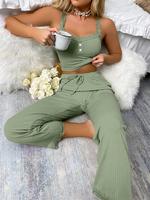 Women's Solid Color Contrast Lace Pyjama Set, Chic Button Cami Crop Top & Bow Decor Sleep Pants, Summer Clothes Women, Casual...
