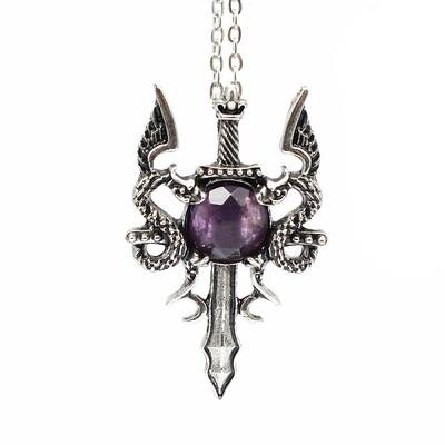 Natural Amethyst Dragon Sword Pendant Necklace