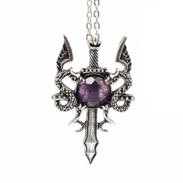 Natural Amethyst Dragon Sword Pendant Necklace