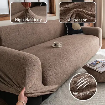 High Elasticity Plain Color Fleece Sofa Cover, Removable Washable Pet-Friendly Sofa Protector, All-In-One Sofa Decor, Include...