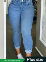 Plus Size Plain Pocket Button Fly Skinny Jeans, Casual Streetwear, Jeans for Women, Fashion Casual Denim Pants for Daily Outd...