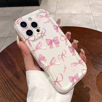 Cream Cute Pink Bow Pattern Curly Wave Frame Phone Case for iPhone 16 15 14 Pro Max 13 12 11 XR XS Plus Shockproof Full Camer...
