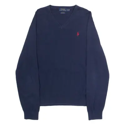 POLO RALPH LAUREN Mens Jumper Blue V-Neck Tight Knit M