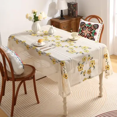 Room Decor Flower Embroidered Tablecloth, Summer Household Decorative Tablecloth, Elegant Protective Design Dining Table Cove...