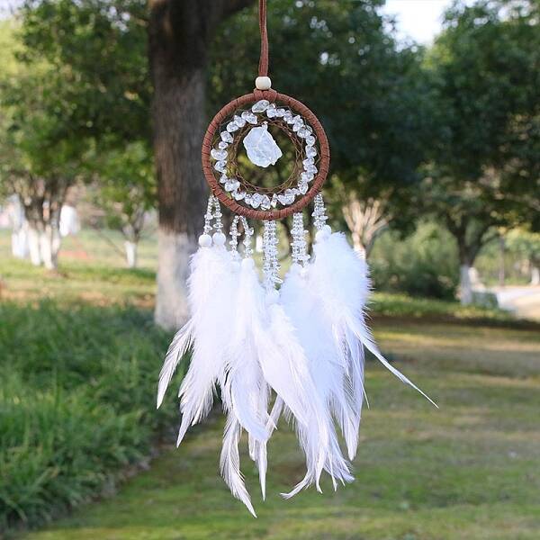 Natural Quartz Crystal Chips Woven Net/Web with Feather Pendant Decoration