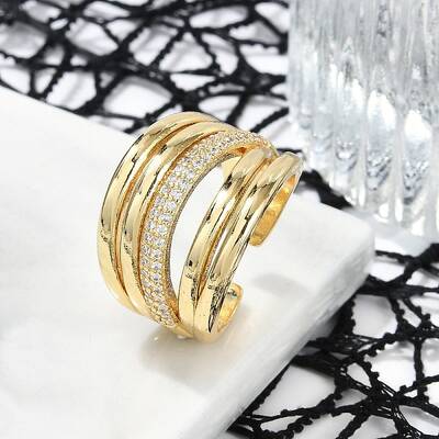 Brass Micro Pave Clear Cubic Zirconia Open Cuff Rings for Women