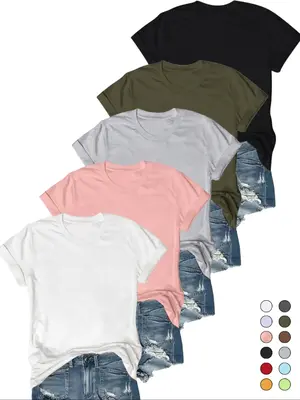 Women's Solid Round Neck Tee, Casual Short Sleeve T-shirt for Summer, Ladies Basic Clothes for Daily Wear, Crewneck Streetwea...