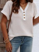 【plus Size】 Striped Print V Neck Tee, Casual Short Sleeve T-shirt for Daily Wear, Women Clothing for All Seasons, Womensw...
