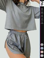 Women's Striped Print Crop Top & Curved Hem Shorts Loungewear Pajamas Two-piece Set, Casual Comfy Short Sleeve T-shirt & Draw...