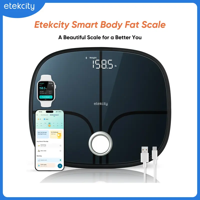 Etekcity Smart Scale, Digital Rechargeable Bathroom Weighing Monitor with BMI, Body Fat, Body Composition Analyzer, Bluetooth...
