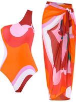 Women's All Over Print One-piece Swim Bodysuit & Cover Up Skirt Set, Casual Fashion Swimwear Set for Beach Swimming, Ladies S...