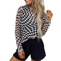 Znacicc Women's Super Chic Checkered Mesh Mock Neck Long Sleeve Top - Chic Shirt for Women - Womenswear, Blouses