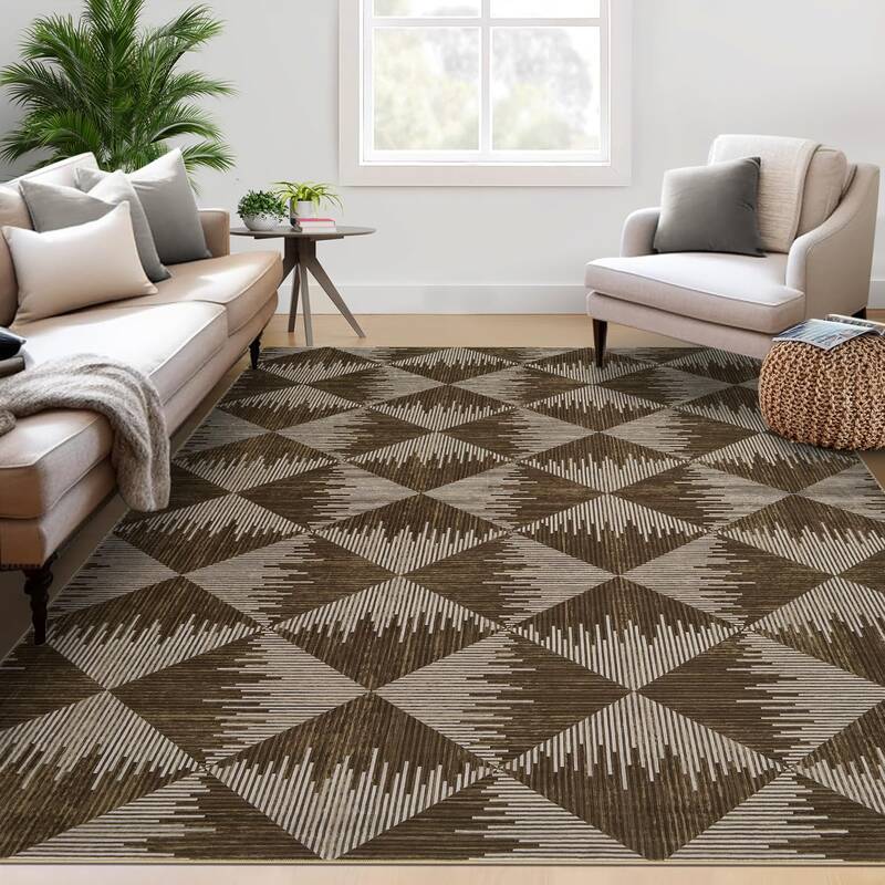 Garvee Washable Rugs for Living Room 5x7 Area Rugs, Modern Geometric Rug, Low Pile, Brown, Non-Slip, Stain Resistant