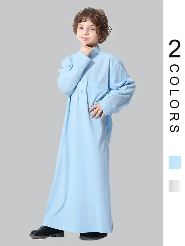 Boy's Solid Button Front Pocket Long Sleeve Thobe, Traditional Modest Drop Shoulder Mock Neck Jubbah for Daily Wear, Arabic C...