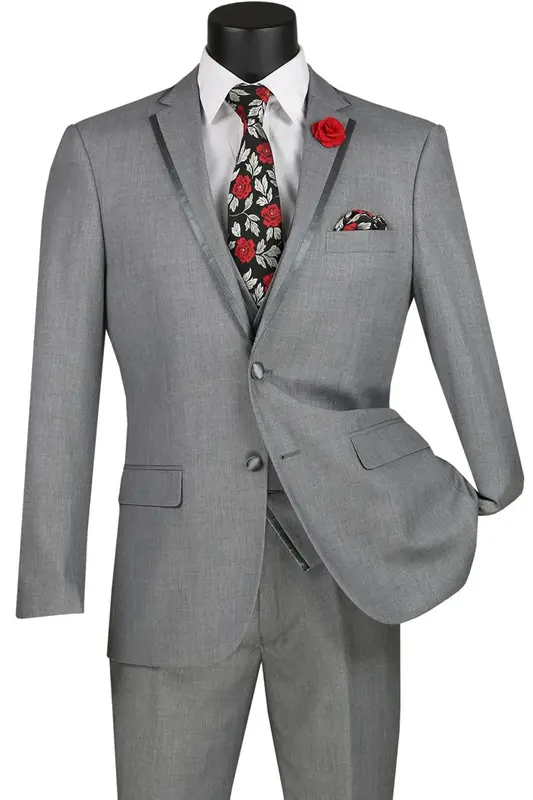 Vinci Men's Wool Feel Slim Fit 3 Piece Suit with Lapel Accent