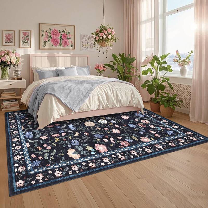 Garvee Washable Vintage Floral Area Rug 9x12 - Soft Low Pile, Non-Slip Backing - Polyester & Faux Wool - Foldable, Non-Sheddi...