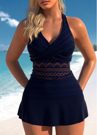 Modlily Lace Surplice V Neck Navy Tankini Set - XXL