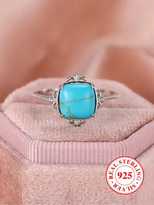 S925 Sterling Silver Vintage Style Turquoise Decorated Ring, Fashion Jewelry for Party, Daily Decor, Trendy All-match & Exqui...