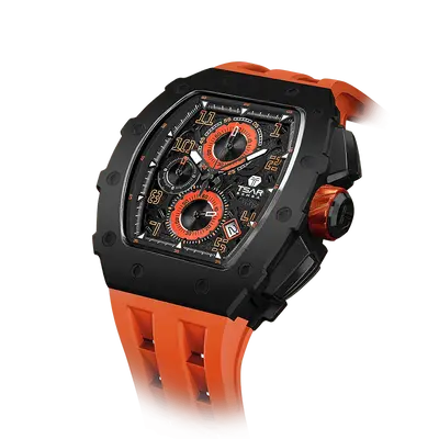 TSAR BOMBA Men's Affordable Luxury Quartz Watch | Black Orange | Tonneau Case | Seiko Quartz Movement | 5ATM Waterproof Silic...