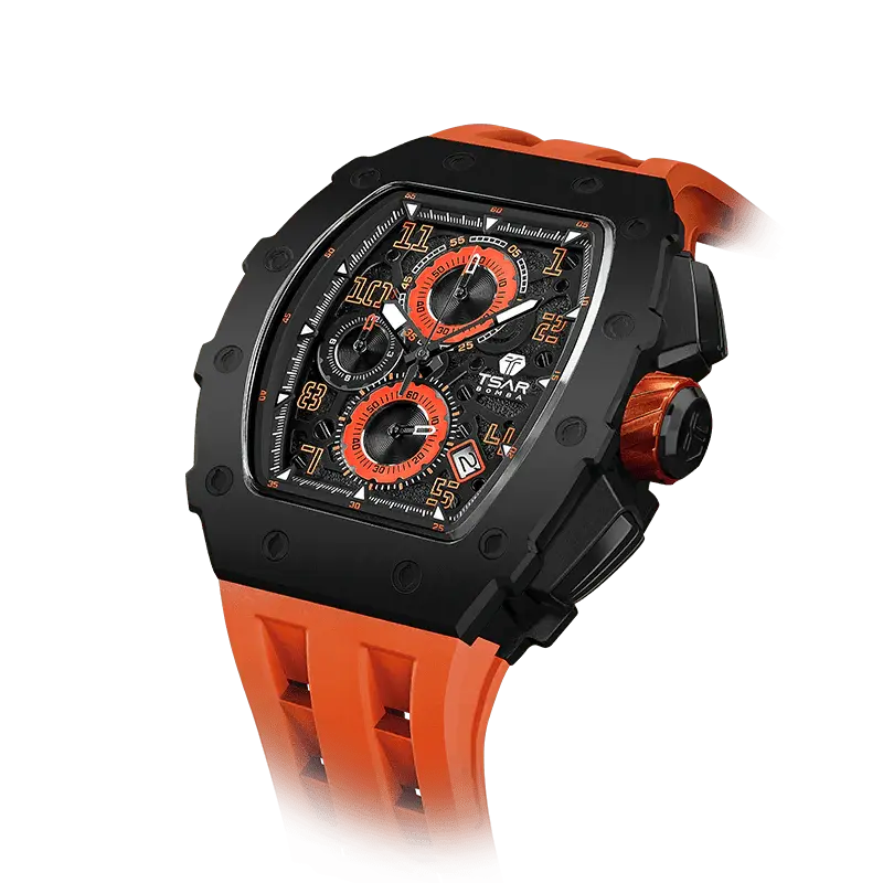 TSAR BOMBA Men's Affordable Luxury Quartz Watch | Black Orange | Tonneau Case | Seiko Quartz Movement | 5ATM Waterproof Silic...