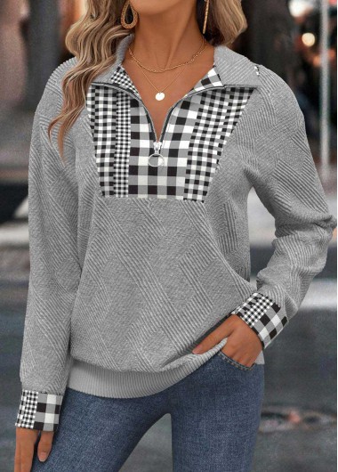 Modlily Light Grey Tummy Coverage Plaid Long Sleeve Sweatshirt - XL