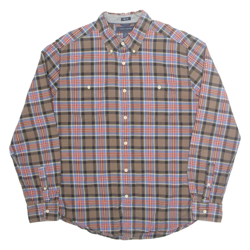 TOMMY HILFIGER Slim Fit Mens Shirt Brown Check Long Sleeve L