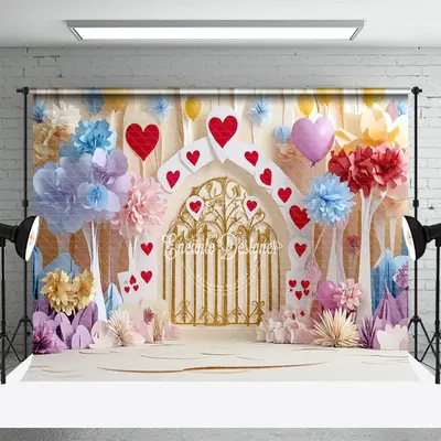Aperturee Colorful Floral Hearts Poker Valentines Day Backdrop, 3X2FT(1MX0.6M), 14 USD, valentines day backdrops, ENHD2J54-M