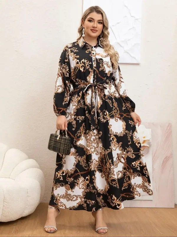 Plus Size Baroque Print Belted Button Front Shirt Dress, Boho Elegant Bishop Sleeve High Waist Long Dress for Daily Holiday V...
