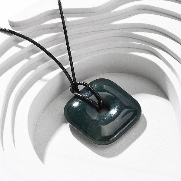 Natural Indian Agate Square Pendants Black PU Leather Cord Necklaces