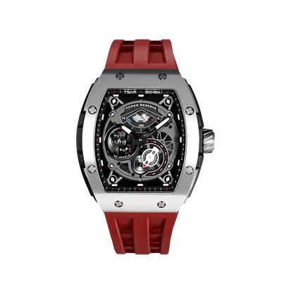 TSAR BOMBA Men's Automatic Watch | Silver Red | The Elemental TB8210CF | 316L Stainless Steel Bezel | Luxury Skeleton Mechani...