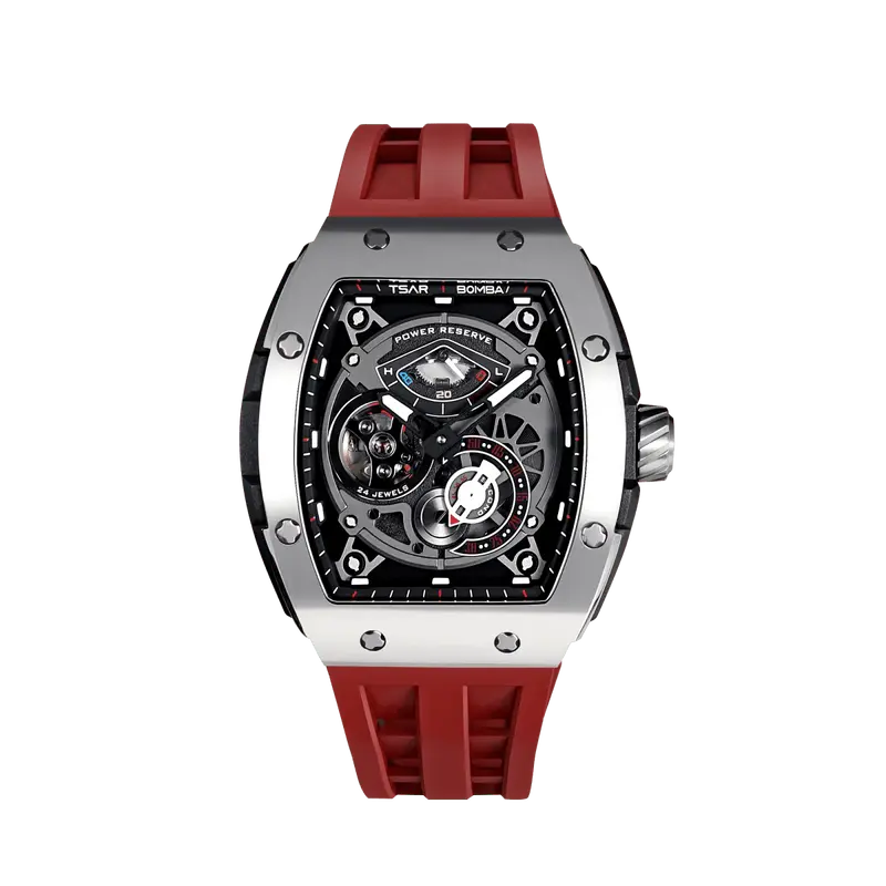 TSAR BOMBA Men's Automatic Watch | Silver Red | The Elemental TB8210CF | 316L Stainless Steel Bezel | Luxury Skeleton Mechani...