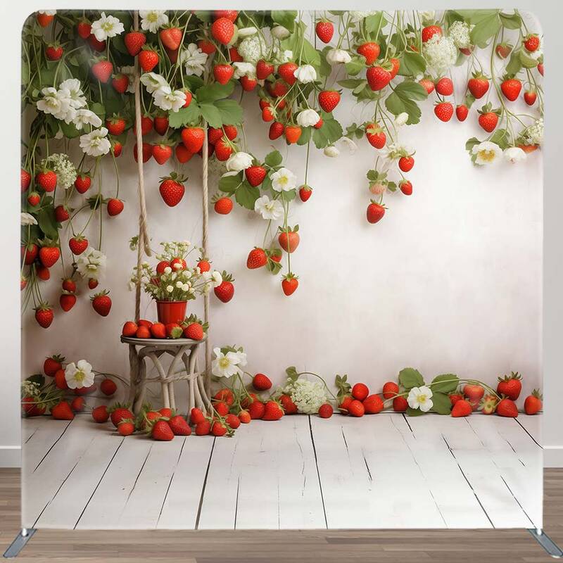 Aperturee White Wall Floral Strawberry Pillow Cover Backdrop, 6X6FT(1.8X1.8M), 111 USD, DSLH0F812-F, square double-sided back...