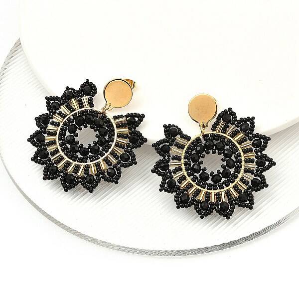 304 Stainless Steel & Bohemian Beaded Flower Dangle Stud Earrings for Women