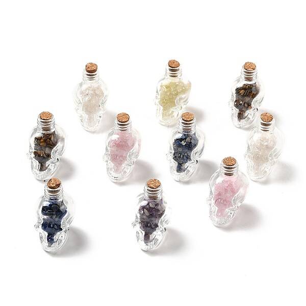 Mixed Gemstones Chips in Skull Glass Bottle Display Decorations