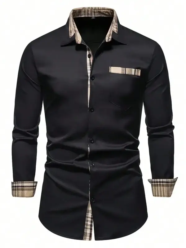 Men's Slim Patchwork Print Button Front Pocket Shirt, Casual Long Sleeve Collared Top for Fall & Winter, Men's Clothes, Cozy ...