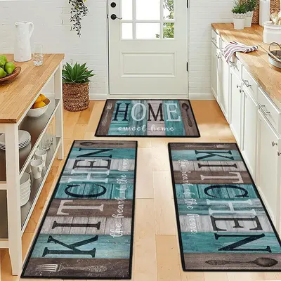 Farmhouse Wooden Boho Room Decor Kitchen Rug Set, 3 Counts/set Washable Kitchen Mat, Home Decor Non Slip Low Profile Kitche...