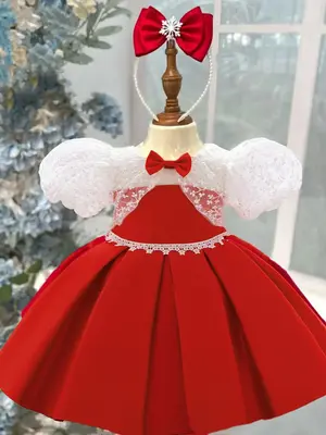 (Only dress)Baby Girl Elegant Floral Short Sleeve Dress Kids Baby Girls Christmas Party Dress Mesh Tulle Gown Big Bow Satin P...