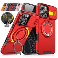 Magnetic Case for iPhone 16 Pro Max 15 14 13 12 Pro Max Rotating Ring Holder Stand Case Slide Camera Lens Protective Cover co...