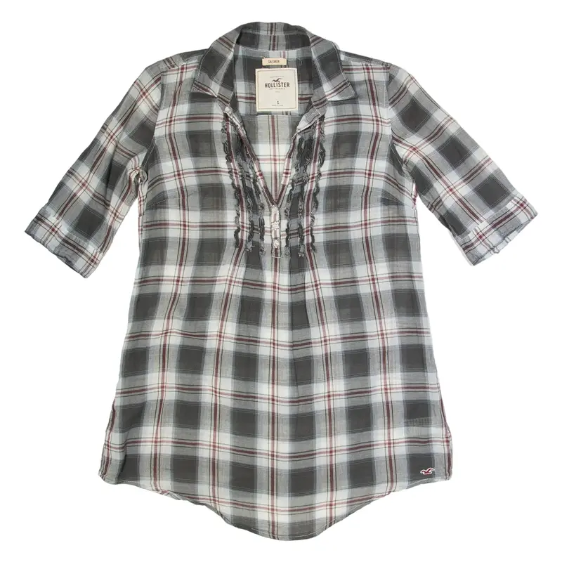 HOLLISTER Cali Sheer Womens Printed Shirt Grey V-Neck Check S