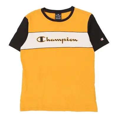 Champion Spellout T-Shirt - XL Yellow Cotton