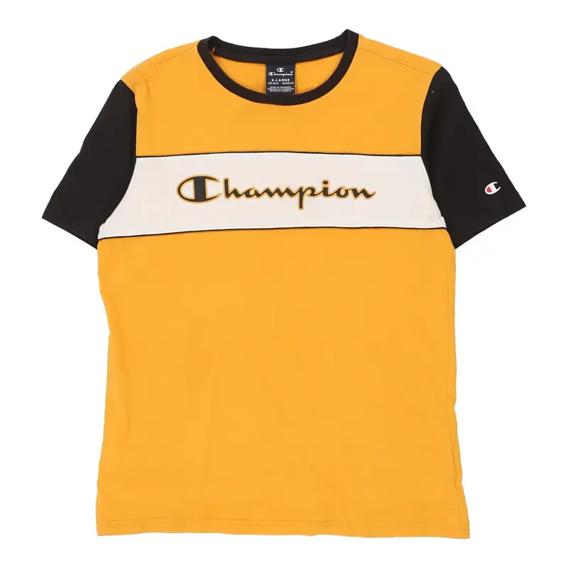 Champion Spellout T-Shirt - XL Yellow Cotton