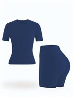 Women's Solid Color Tee & Short Leggings, Casual Sporty Short Sleeve T-Shirt & Skinny Shorts for Gym Workout Running, Ladies ...