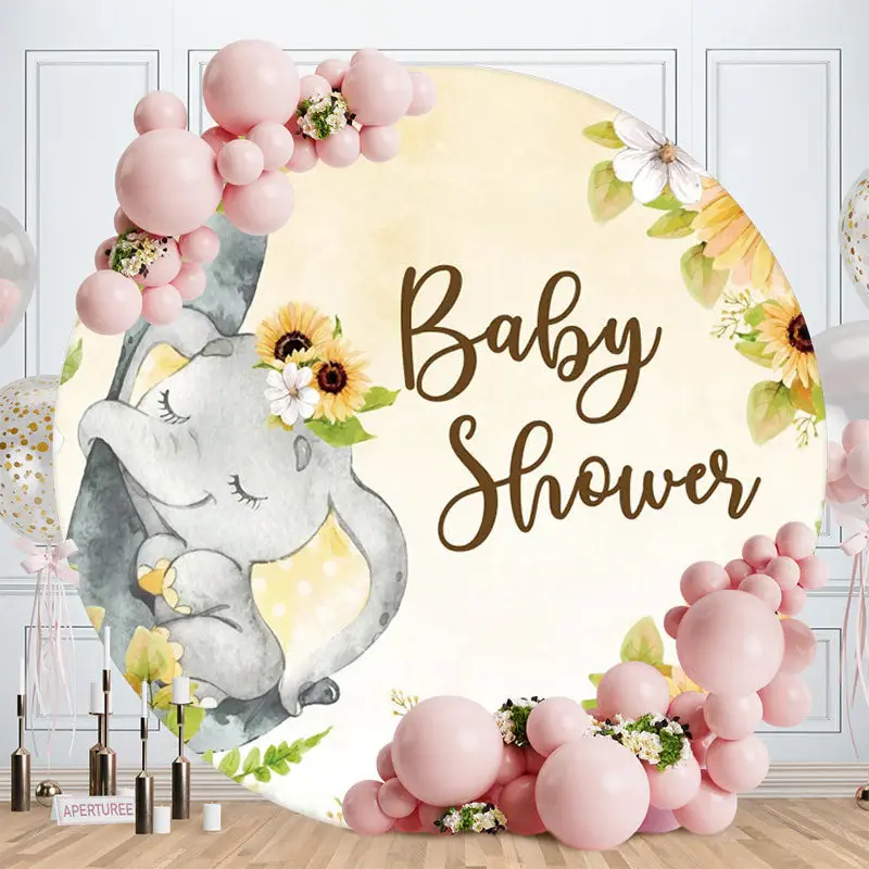 Aperturee Elephant And Sunflower Circle Baby Shower Backdrop