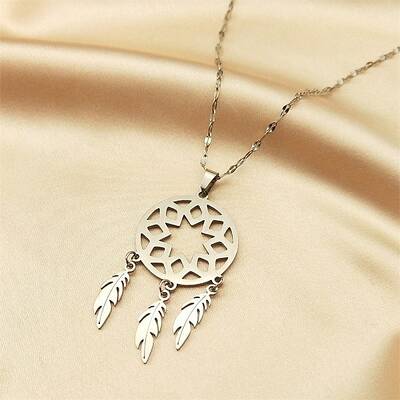 Non-Tarnish Woven Net/Web with Feather 304 Stainless Steel Boho Pendant Necklaces for Women