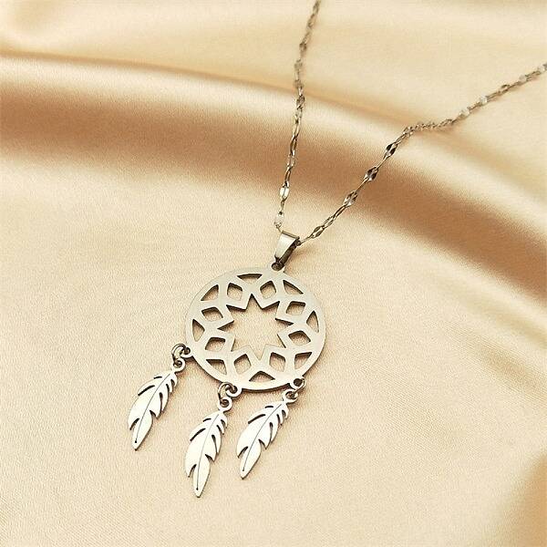 Non-Tarnish Woven Net/Web with Feather 304 Stainless Steel Boho Pendant Necklaces for Women