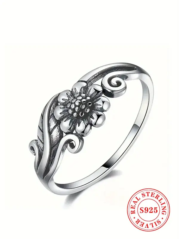 S925 Sterling Silver Elegant Flower Design Engagement Ring, Fashion Retro Promise Ring for Women, Trendy All-match Vintage Je...