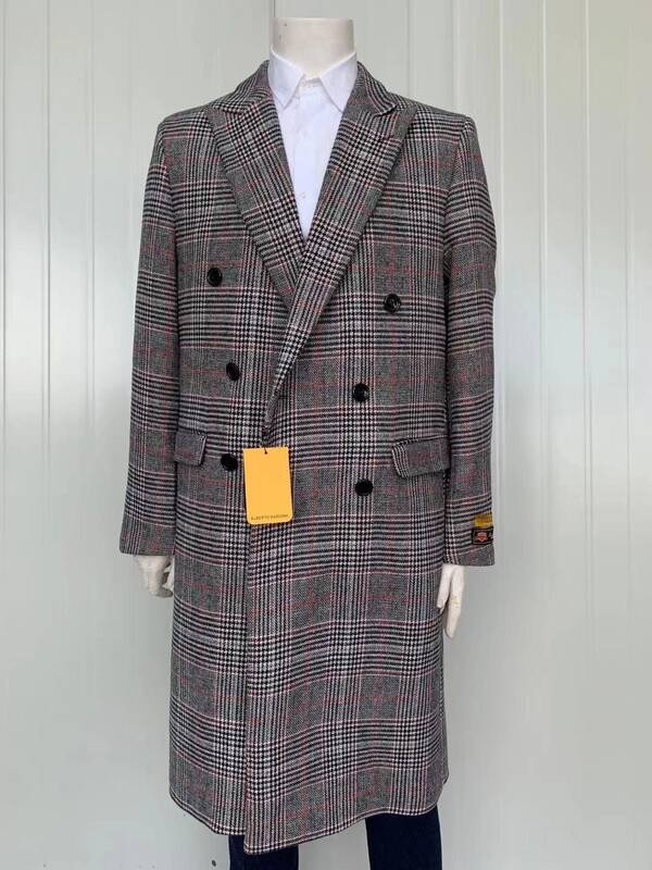 Mens Full Length Wool and Cashmere Overcoat - Winter Topcoats - Check Coat