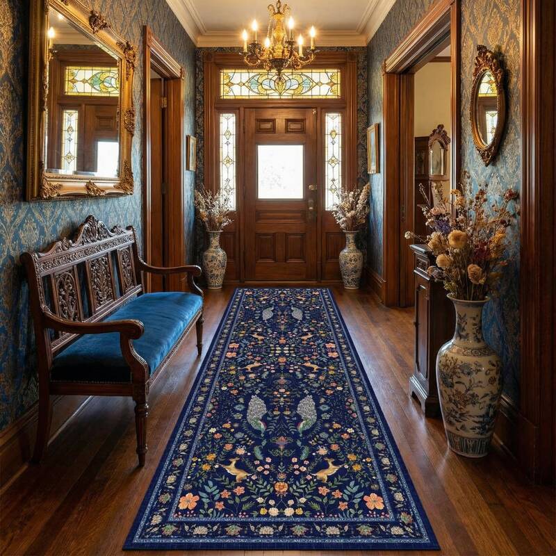 Garvee Floral Runner Rug 2x6 Washable Peacock Print Soft Non-Slip Low Pile Blue Accent Carpet for Entryway Bedside Kitchen Nu...