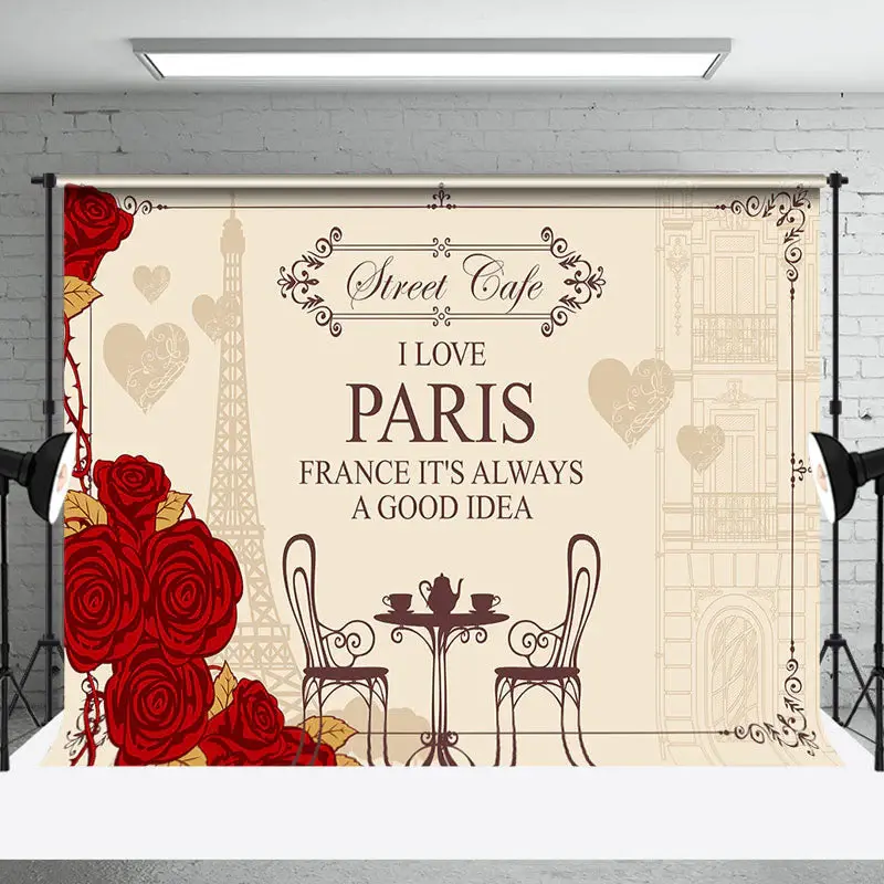 Rose Eiffel Tower Street Cafe I Love Paris Backdrop
