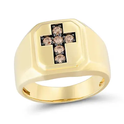 10K Gold Round Cut Diamond Cross Signet Ring for Men Champagne & M Color I2 Clarity 3EX IGI Certified